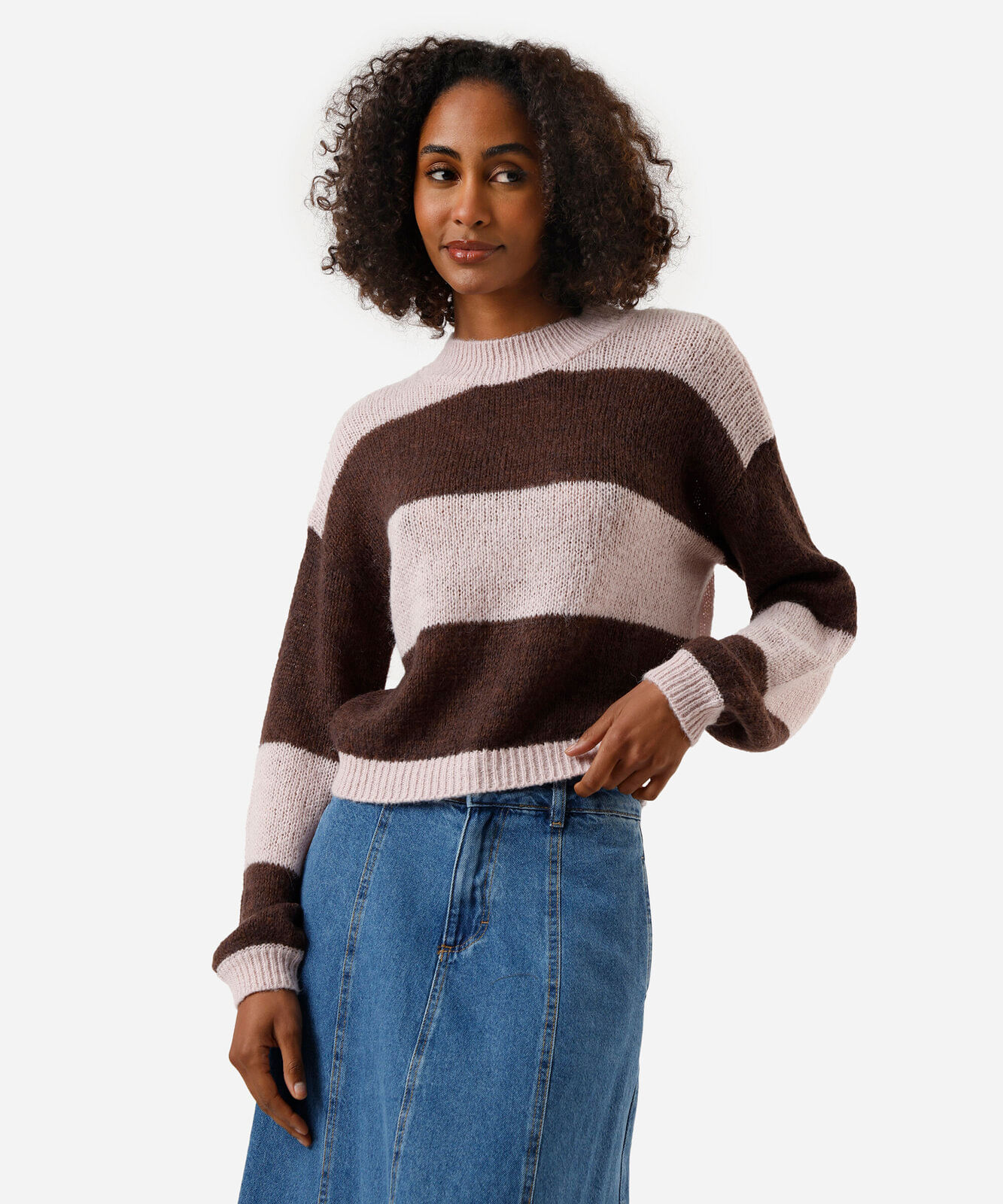suéter feminino de tricot com lã listrado marrom
