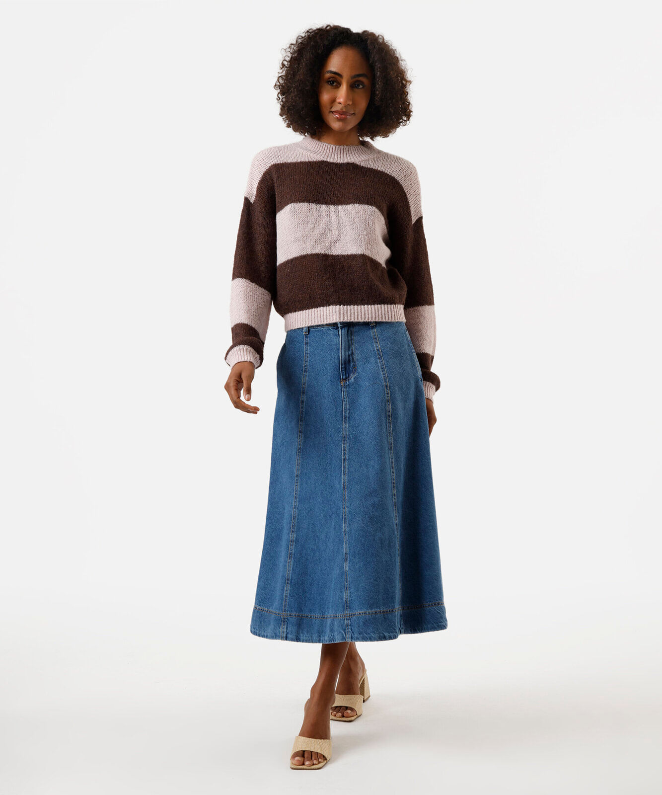 suéter feminino de tricot com lã listrado marrom