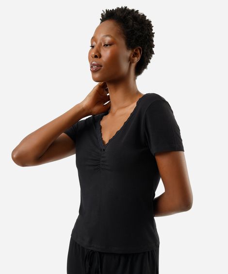 camiseta de pijama avulsa feminina em viscose com renda preta