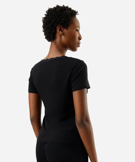 camiseta de pijama avulsa feminina em viscose com renda preta
