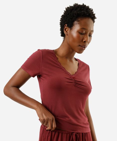 camiseta de pijama avulsa feminina em viscose com renda vinho
