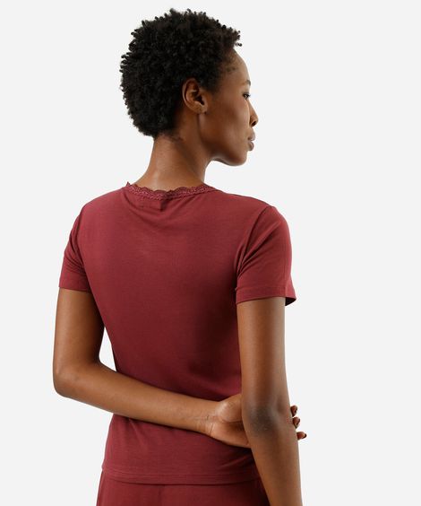 camiseta de pijama avulsa feminina em viscose com renda vinho