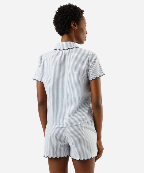 pijama americano curto feminino de algodão listrado bordado azul