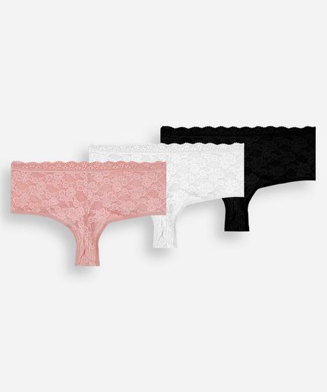 kit de 3 calcinhas caleçon feminina de renda floral colorido