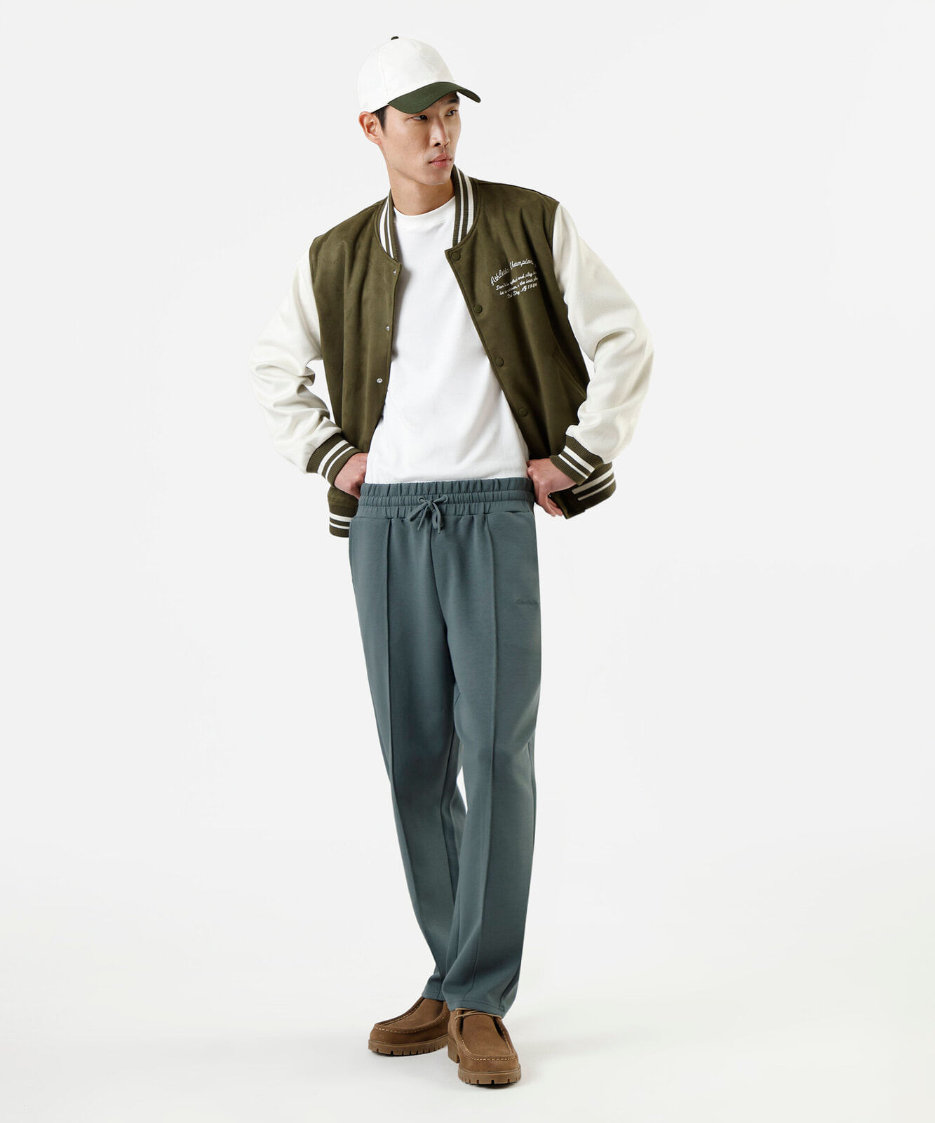 calça reta masculina com nervuras cós elástico verde