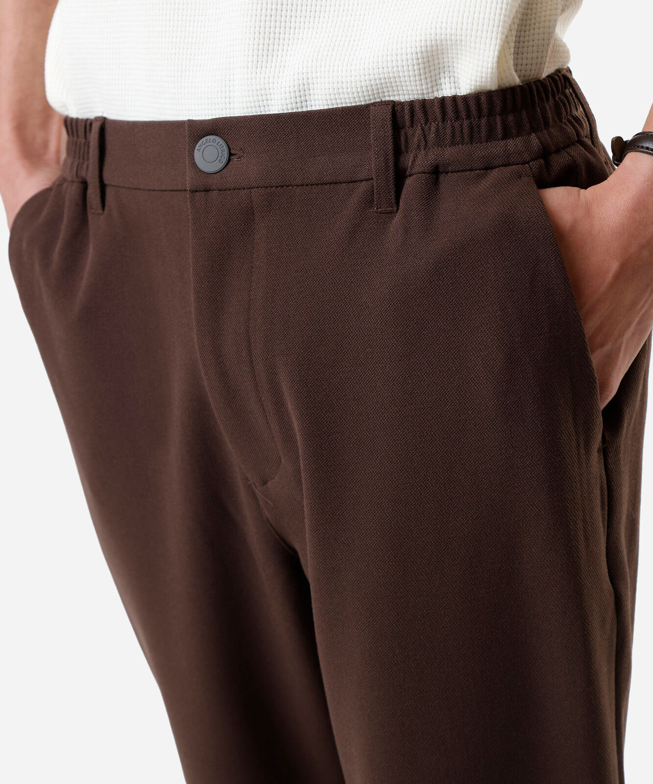 calça slim chino masculina cós elástico marrom