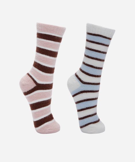 kit de 2 meias cano alto listradas texturizadas colorido