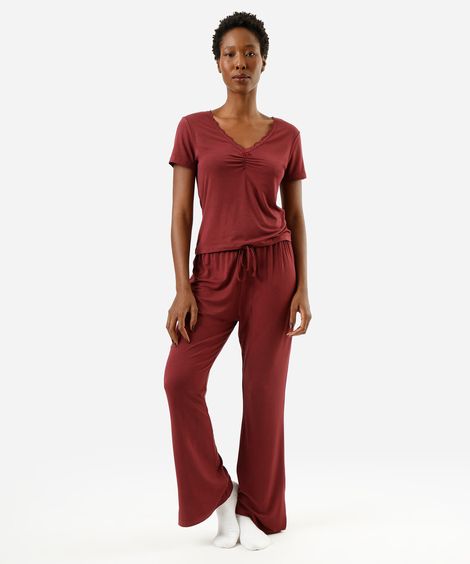 calça de pijama avulsa feminina em viscose vinho