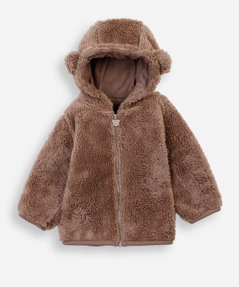 casaco infantil de pelúcia com capuz e orelhas marrom
