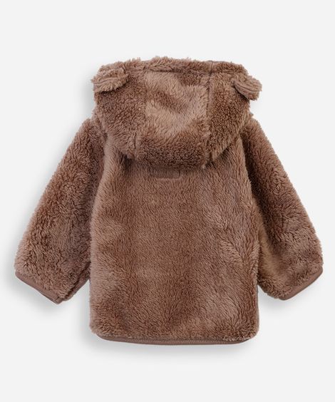casaco infantil de pelúcia com capuz e orelhas marrom