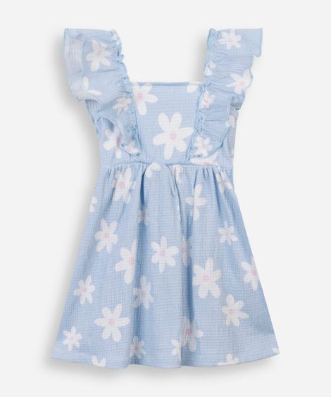 vestido infantil de algodão com babado floral texturizado azul
