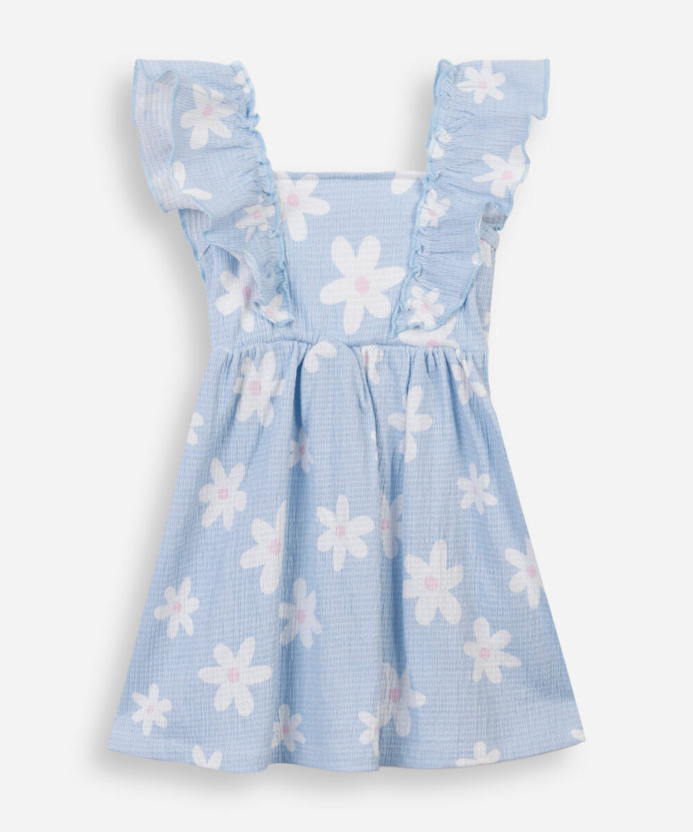 vestido infantil de algodão com babado floral texturizado azul