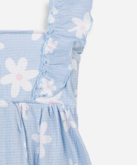 vestido infantil de algodão com babado floral texturizado azul