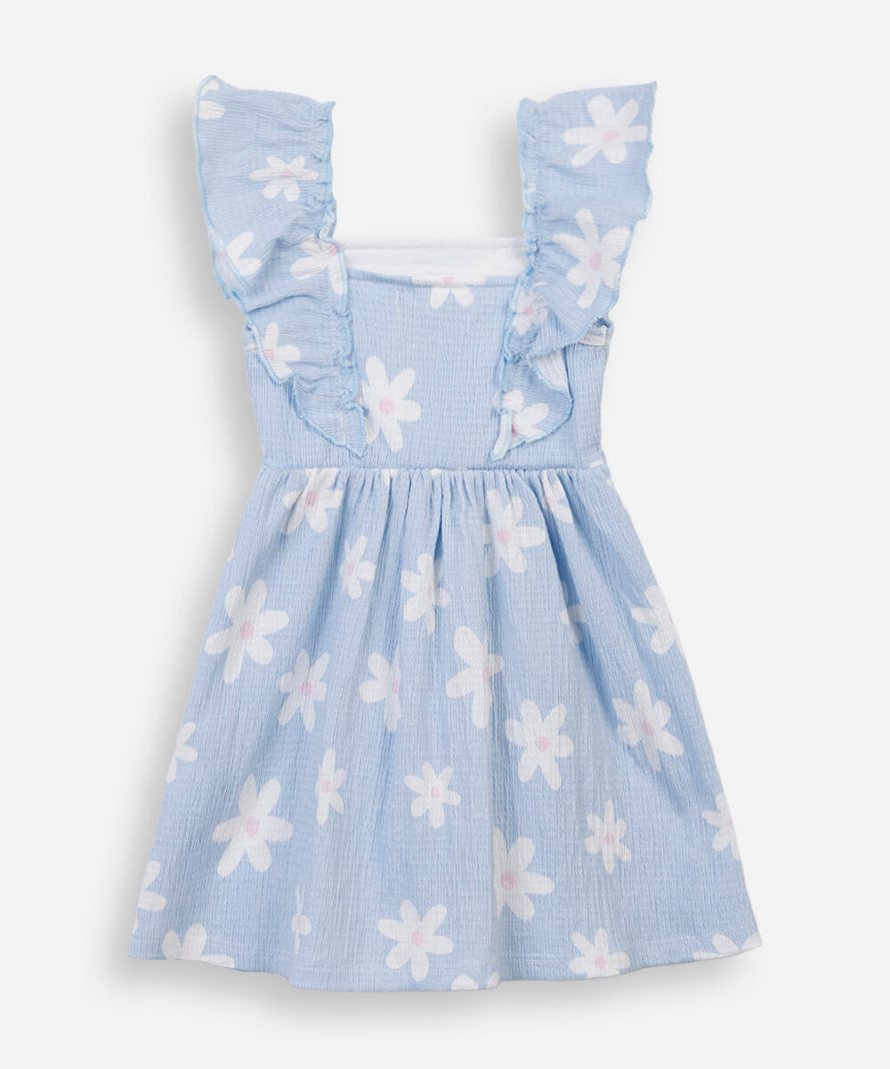 vestido infantil de algodão com babado floral texturizado azul