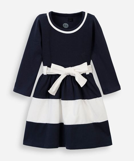 vestido infantil de algodão com recortes e laço manga longa azul