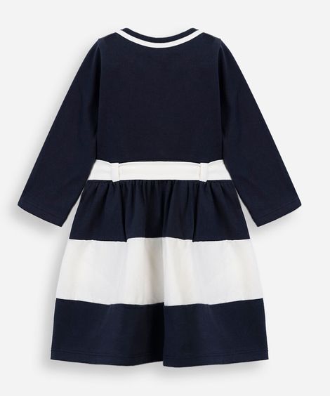 vestido infantil de algodão com recortes e laço manga longa azul