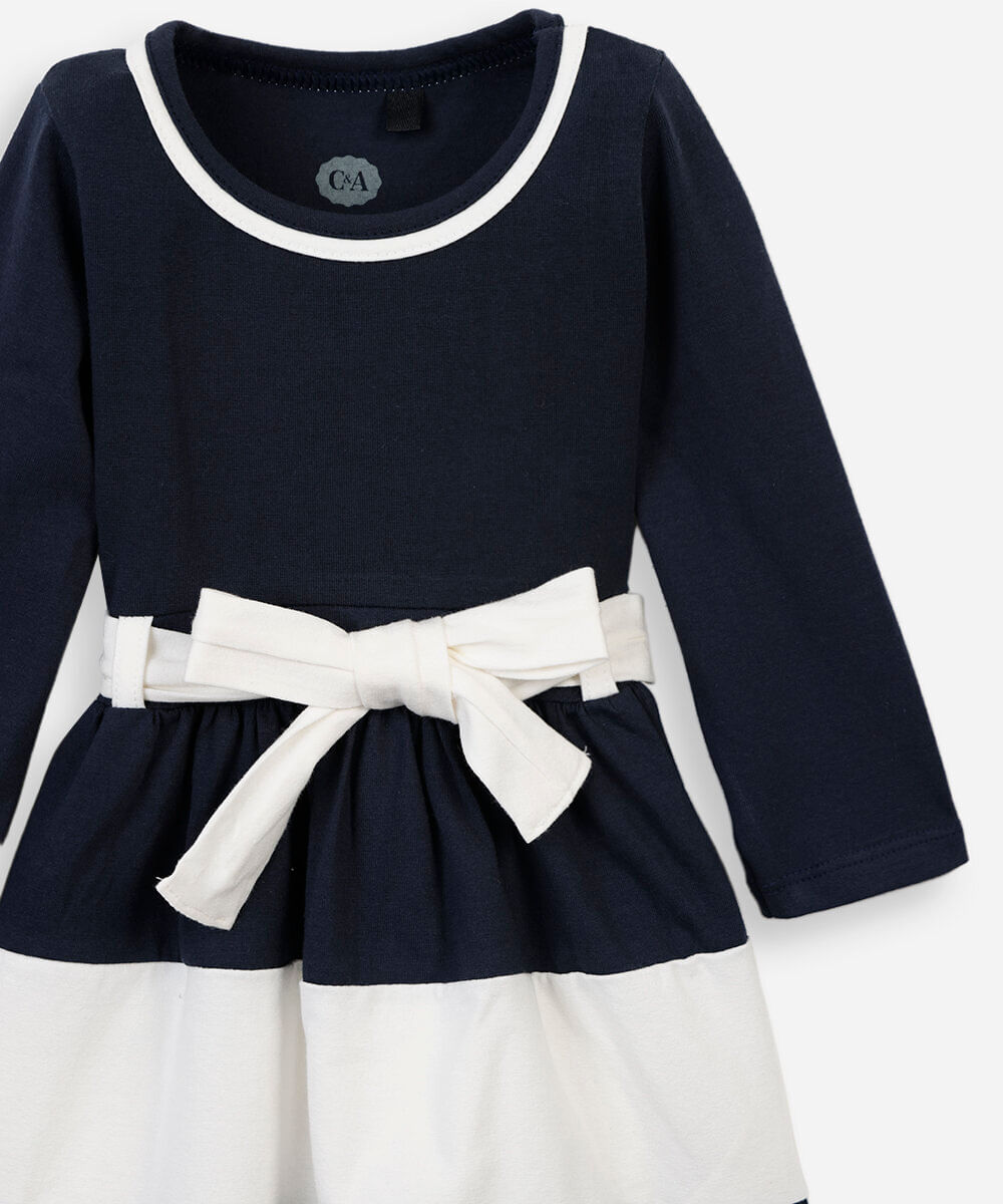 vestido infantil de algodão com recortes e laço manga longa azul