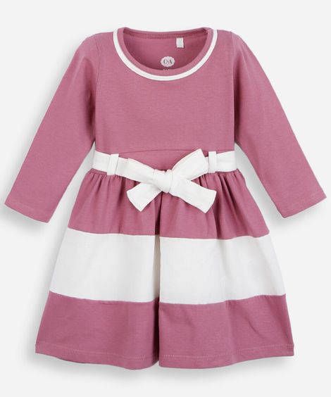 vestido infantil de algodão com recortes e laço manga longa rosa