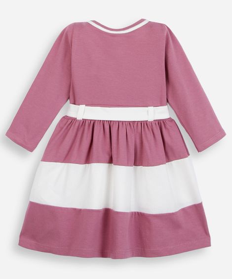 vestido infantil de algodão com recortes e laço manga longa rosa