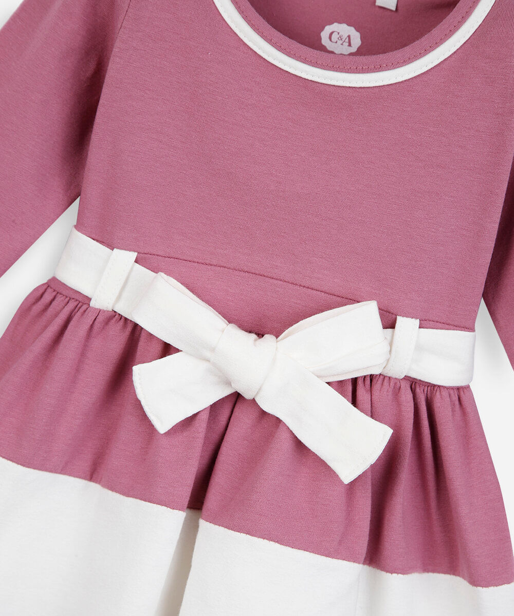 vestido infantil de algodão com recortes e laço manga longa rosa