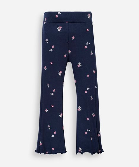 calça flare infantil de algodão canelada floral azul