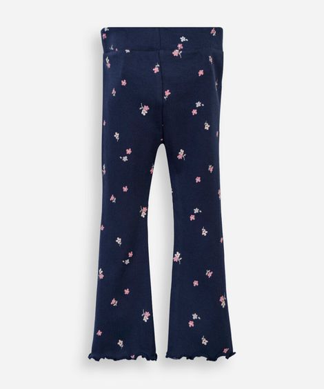 calça flare infantil de algodão canelada floral azul