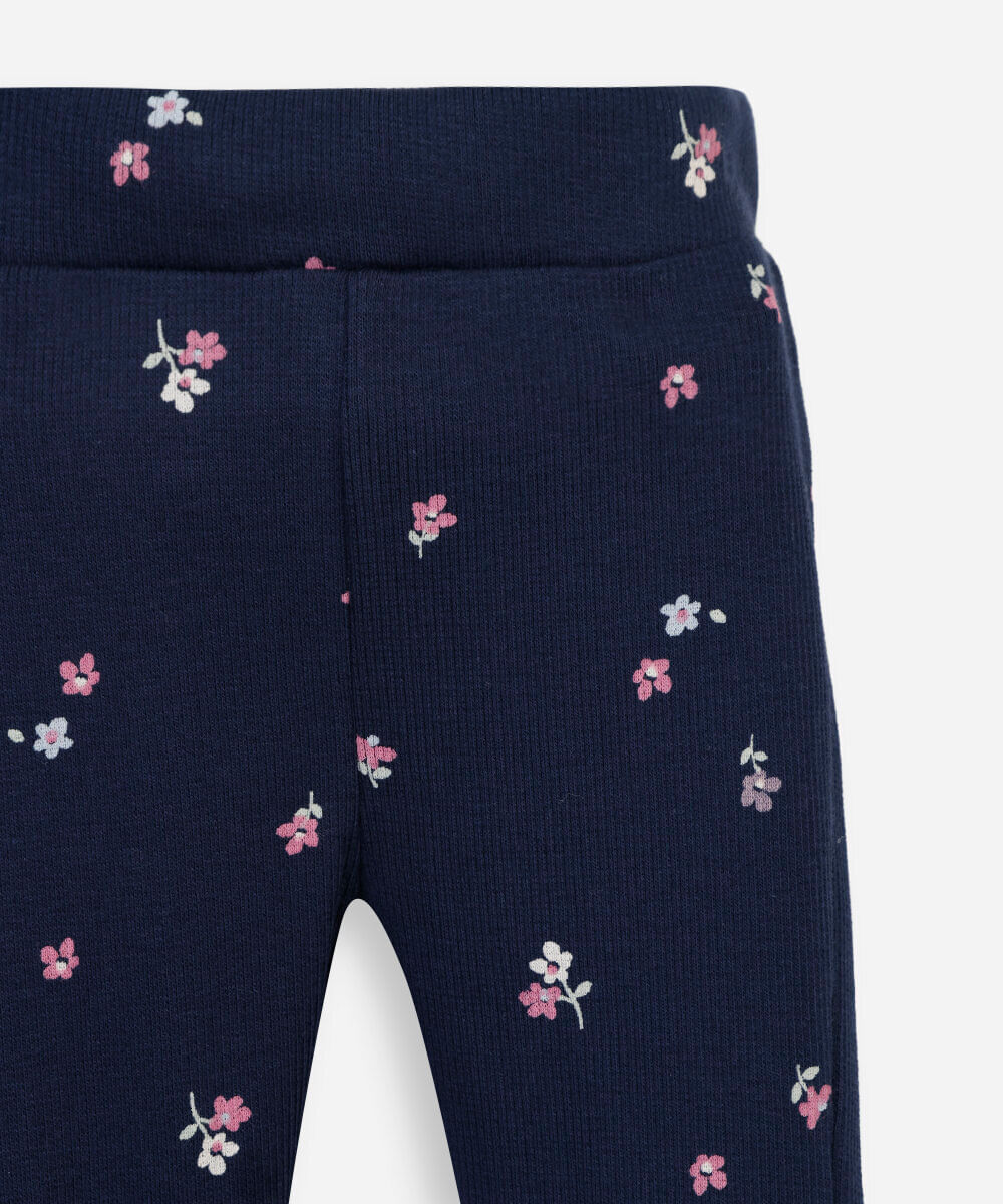 calça flare infantil de algodão canelada floral azul