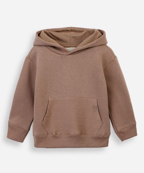 blusão de moletom infantil com capuz e bolso texturizado bege