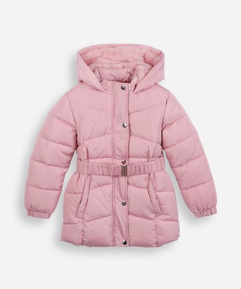 jaqueta puffer infantil alongada com faixa rosa