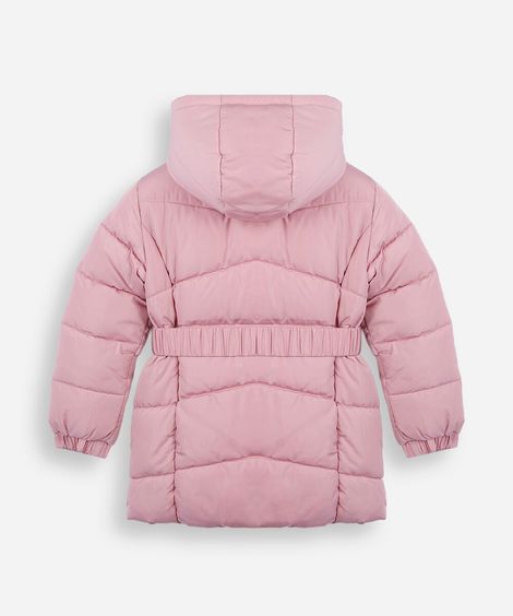 jaqueta puffer infantil alongada com faixa rosa