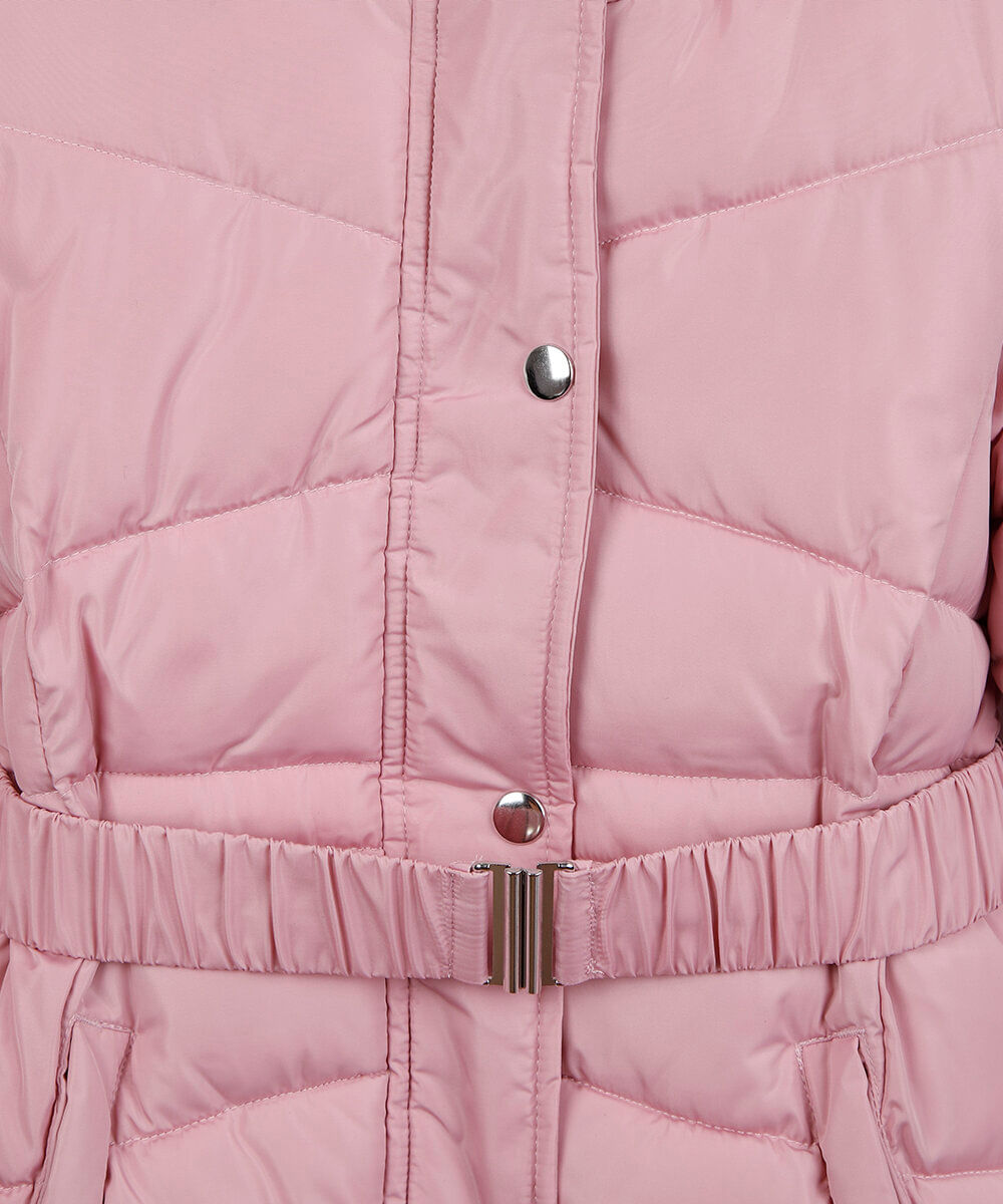 jaqueta puffer infantil alongada com faixa rosa