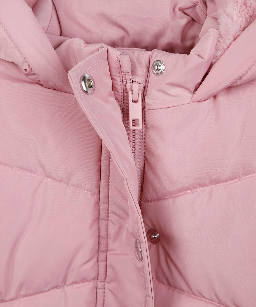 jaqueta puffer infantil alongada com faixa rosa
