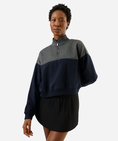 blusão feminino de moletom com recorte gola alta azul