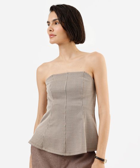 blusa peplum feminina de jacquard sem alça xadrez bege