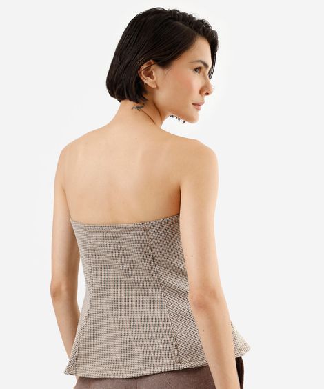 blusa peplum feminina de jacquard sem alça xadrez bege