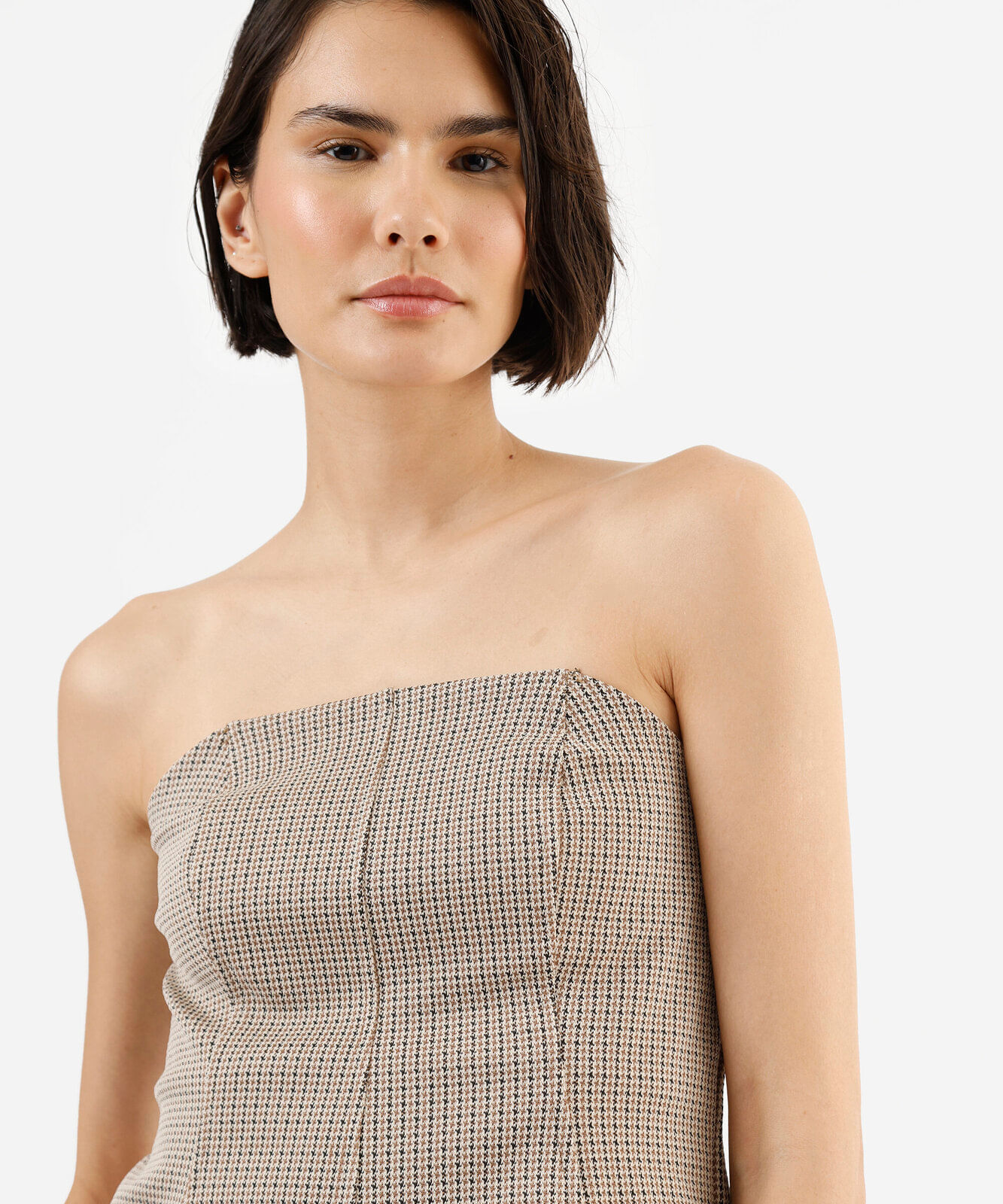 blusa peplum feminina de jacquard sem alça xadrez bege
