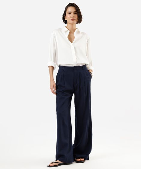 calça wide leg de alfaiataria feminina com linho e pregas azul