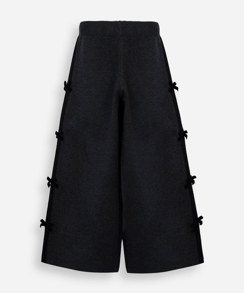 calça wide leg infantil de tricot com laços cós elástico cinza