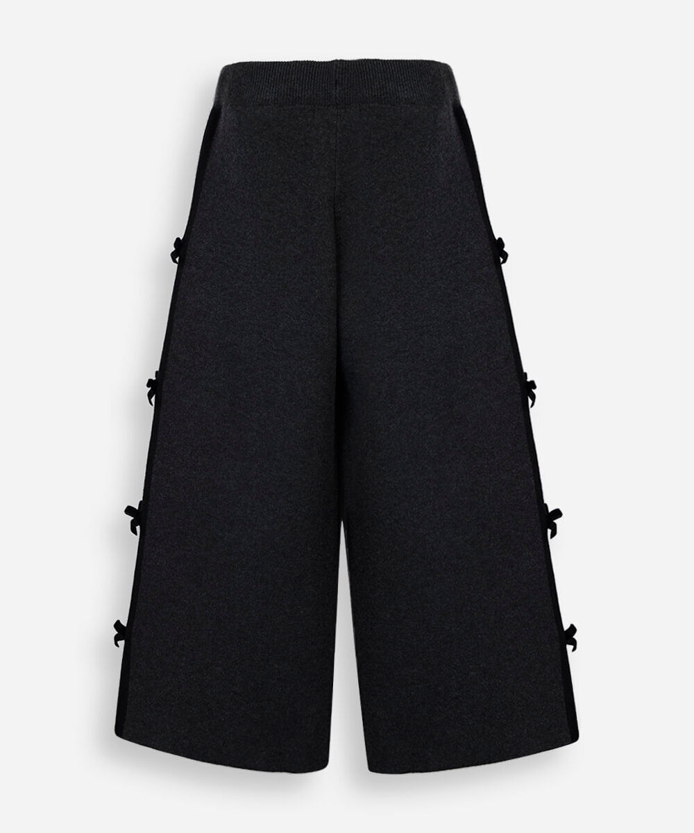 calça wide leg infantil de tricot com laços cós elástico cinza
