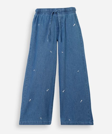 calça wide leg infantil jeans com bordado floral azul