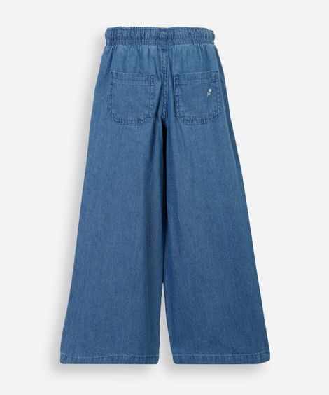 calça wide leg infantil jeans com bordado floral azul