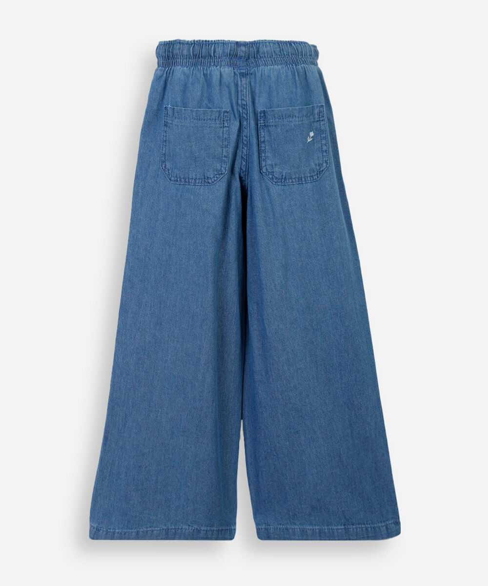 calça wide leg infantil jeans com bordado floral azul
