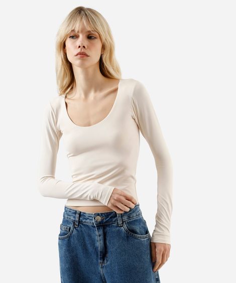 blusa cropped feminina de poliamida decote redondo manga longa  bege