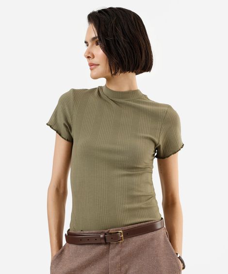 blusa feminina de malha canelada manga curta fru fru verde