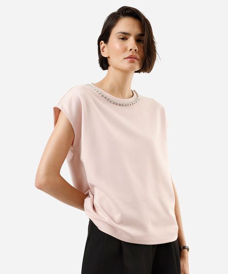 blusa feminina com viscose e brilhos manga curta rosa