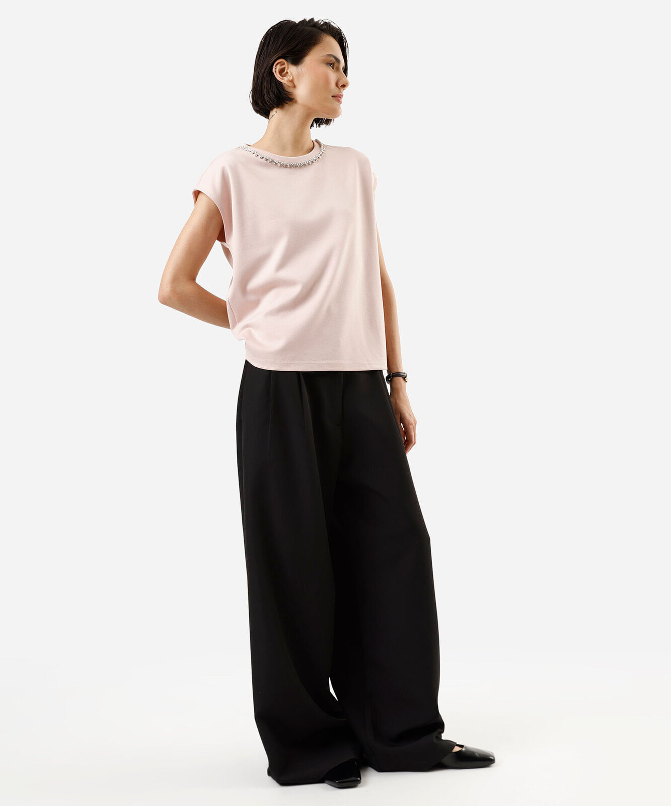 blusa feminina com viscose e brilhos manga curta rosa