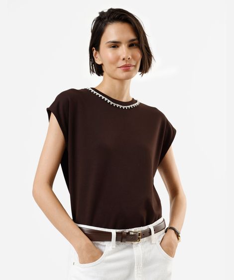 blusa feminina com viscose e brilhos manga curta marrom