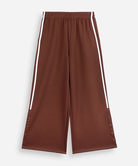 calça pantalona juvenil com listras laterais cós elástico marrom