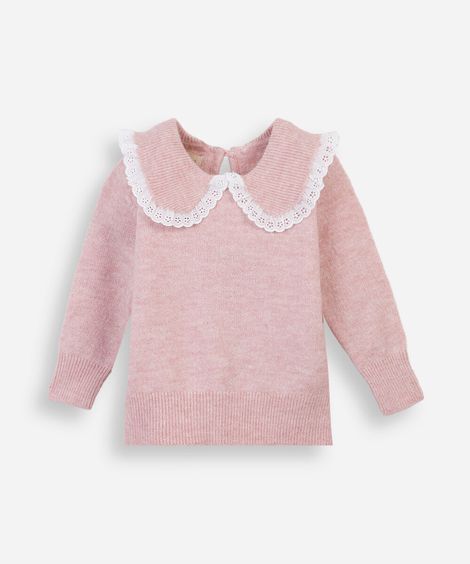 suéter infantil de tricot com gola peter pan e renda rosa