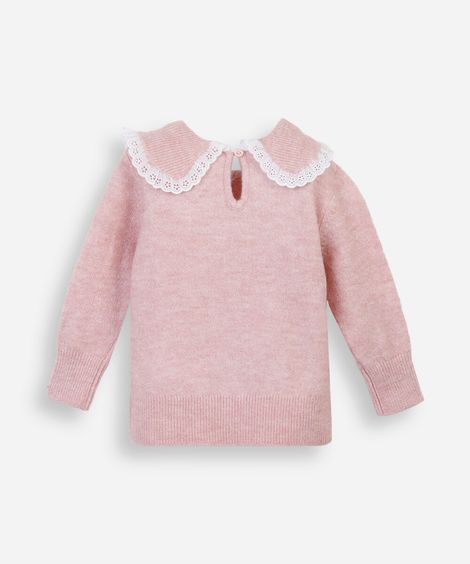 suéter infantil de tricot com gola peter pan e renda rosa